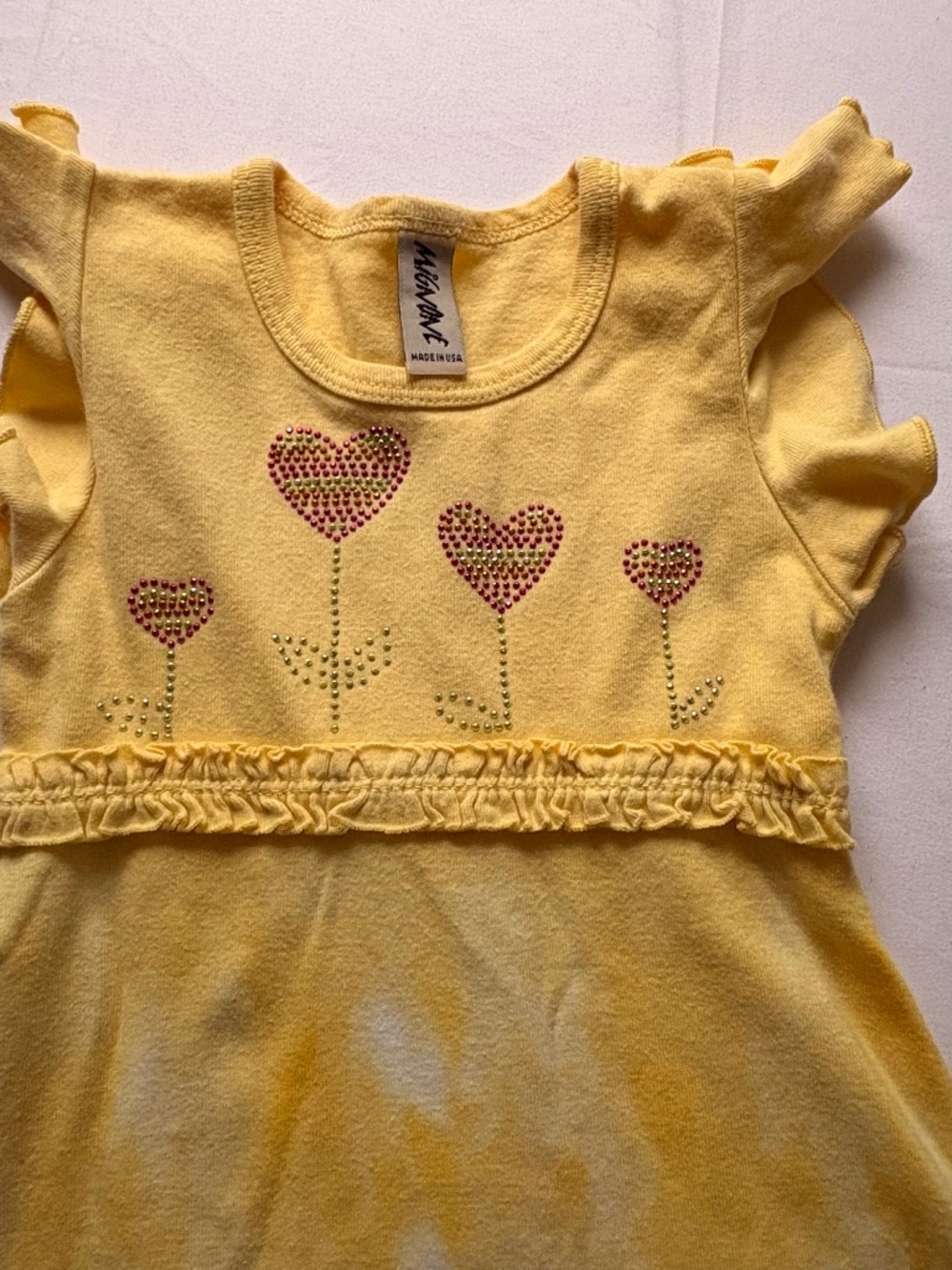 Mignone Toddler Yellow Tie Dye Dress Beaded Heart Flower Accents Ruffled Trim 3T
